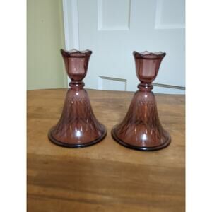 Tiffin Glass #333 Diamond Optic Pattern Pr Short Purple Amethyst Candlesticks